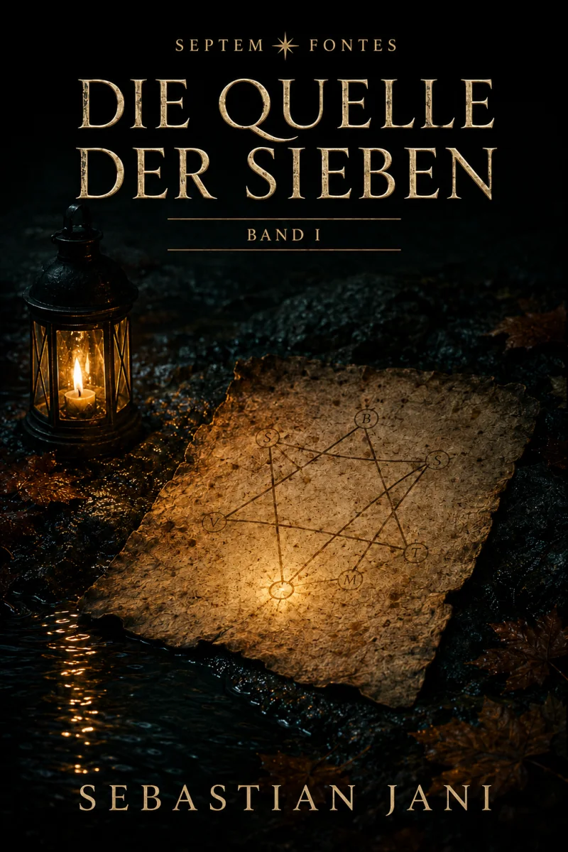 Cover Die Quelle der Sieben — Pergament mit Sternmuster aus sieben Kreisen an einer dunklen Quelle