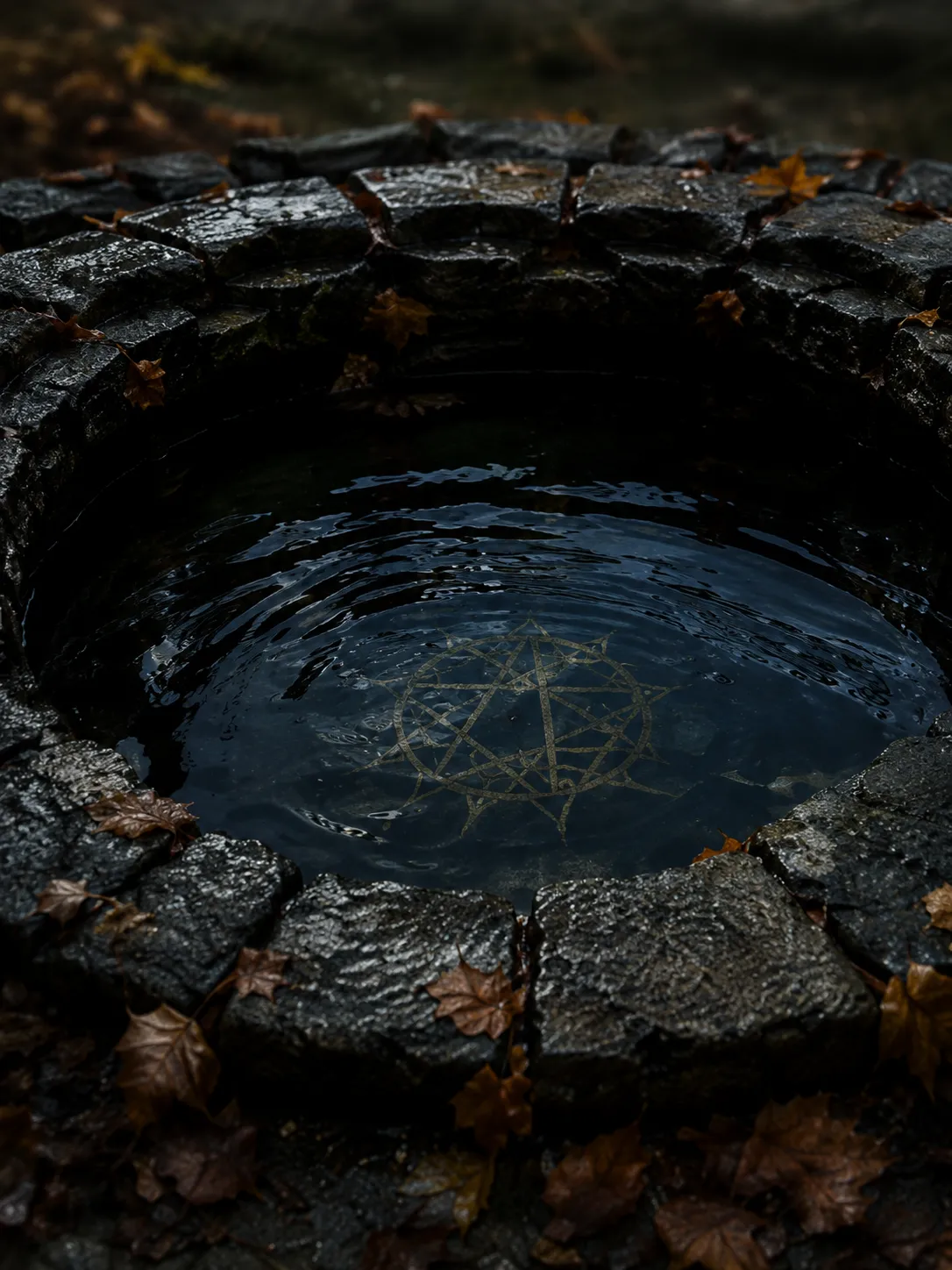 Ein Heptagramm zeichnet sich im schwarzen Quellwasser ab